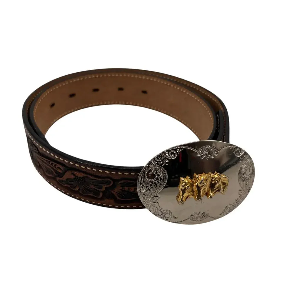 Vintage Western Belt Mens 30 Brown Floral Embossed Cowhide Bull Rider Cowboy